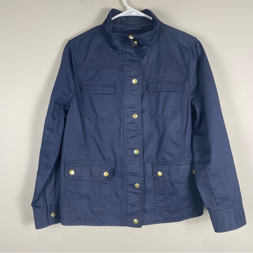 Talbots Women 10 Petite Jacket Cargo Navy Blue Collared Long Sleeve Coat Gold